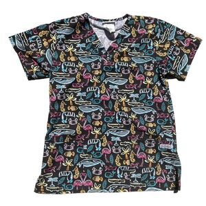 UA SCRUBS MEDICAL BLACK TOP WOMEN V NECK OCEAN FISH THEME POCKETS SMALL